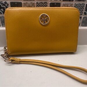 Tory Burch mustard yellow wristlet wallet card phone case coin purse retired